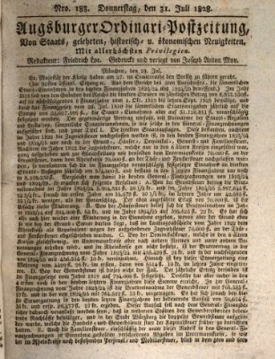 Augsburger Ordinari Postzeitung von Staats-, gelehrten, historisch- u. ökonomischen Neuigkeiten (Augsburger Postzeitung) Donnerstag 31. Juli 1828