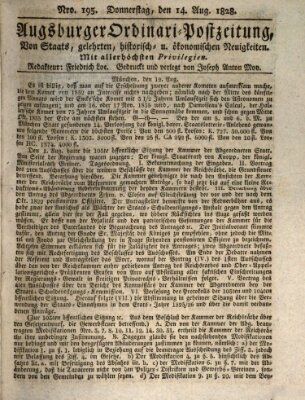 Augsburger Ordinari Postzeitung von Staats-, gelehrten, historisch- u. ökonomischen Neuigkeiten (Augsburger Postzeitung) Donnerstag 14. August 1828