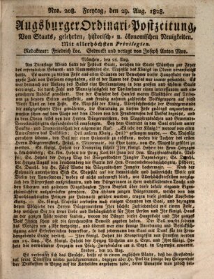 Augsburger Ordinari Postzeitung von Staats-, gelehrten, historisch- u. ökonomischen Neuigkeiten (Augsburger Postzeitung) Freitag 29. August 1828