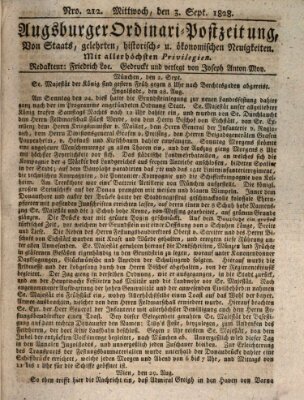 Augsburger Ordinari Postzeitung von Staats-, gelehrten, historisch- u. ökonomischen Neuigkeiten (Augsburger Postzeitung) Mittwoch 3. September 1828