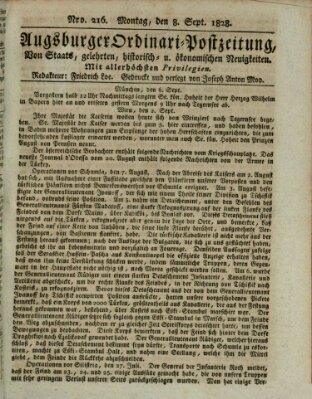 Augsburger Ordinari Postzeitung von Staats-, gelehrten, historisch- u. ökonomischen Neuigkeiten (Augsburger Postzeitung) Montag 8. September 1828