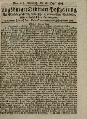 Augsburger Ordinari Postzeitung von Staats-, gelehrten, historisch- u. ökonomischen Neuigkeiten (Augsburger Postzeitung) Dienstag 16. September 1828