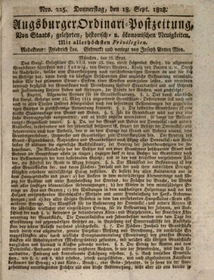 Augsburger Ordinari Postzeitung von Staats-, gelehrten, historisch- u. ökonomischen Neuigkeiten (Augsburger Postzeitung) Donnerstag 18. September 1828