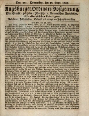 Augsburger Ordinari Postzeitung von Staats-, gelehrten, historisch- u. ökonomischen Neuigkeiten (Augsburger Postzeitung) Donnerstag 25. September 1828