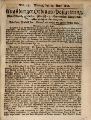 Augsburger Ordinari Postzeitung von Staats-, gelehrten, historisch- u. ökonomischen Neuigkeiten (Augsburger Postzeitung) Montag 29. September 1828