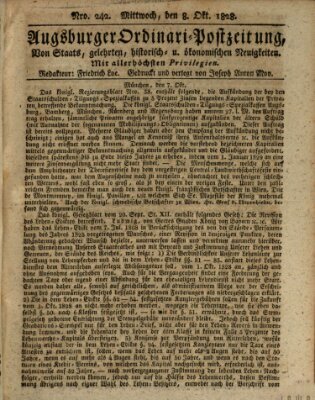 Augsburger Ordinari Postzeitung von Staats-, gelehrten, historisch- u. ökonomischen Neuigkeiten (Augsburger Postzeitung) Mittwoch 8. Oktober 1828