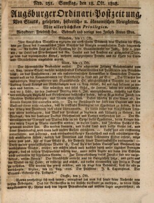 Augsburger Ordinari Postzeitung von Staats-, gelehrten, historisch- u. ökonomischen Neuigkeiten (Augsburger Postzeitung) Samstag 18. Oktober 1828