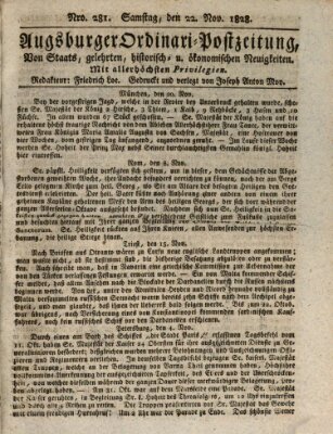 Augsburger Ordinari Postzeitung von Staats-, gelehrten, historisch- u. ökonomischen Neuigkeiten (Augsburger Postzeitung) Samstag 22. November 1828