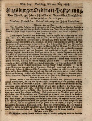 Augsburger Ordinari Postzeitung von Staats-, gelehrten, historisch- u. ökonomischen Neuigkeiten (Augsburger Postzeitung) Samstag 20. Dezember 1828