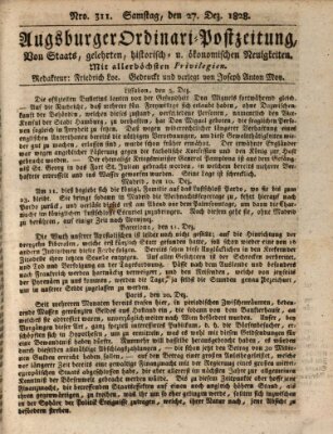 Augsburger Ordinari Postzeitung von Staats-, gelehrten, historisch- u. ökonomischen Neuigkeiten (Augsburger Postzeitung) Samstag 27. Dezember 1828