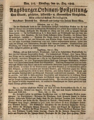 Augsburger Ordinari Postzeitung von Staats-, gelehrten, historisch- u. ökonomischen Neuigkeiten (Augsburger Postzeitung) Dienstag 30. Dezember 1828