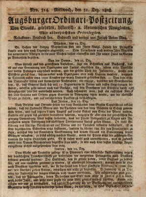 Augsburger Ordinari Postzeitung von Staats-, gelehrten, historisch- u. ökonomischen Neuigkeiten (Augsburger Postzeitung) Mittwoch 31. Dezember 1828