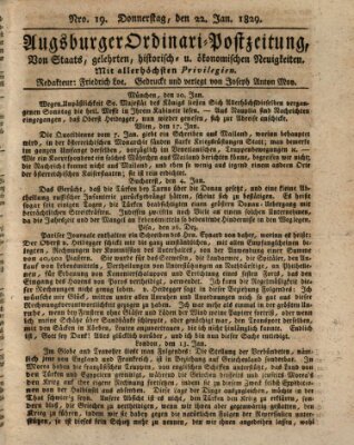 Augsburger Ordinari Postzeitung von Staats-, gelehrten, historisch- u. ökonomischen Neuigkeiten (Augsburger Postzeitung) Donnerstag 22. Januar 1829