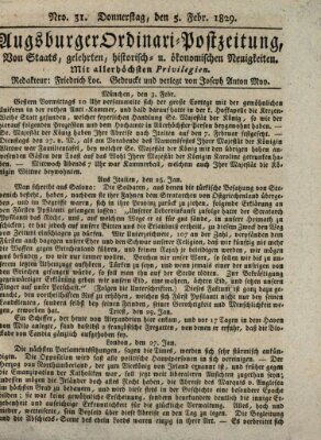 Augsburger Ordinari Postzeitung von Staats-, gelehrten, historisch- u. ökonomischen Neuigkeiten (Augsburger Postzeitung) Donnerstag 5. Februar 1829