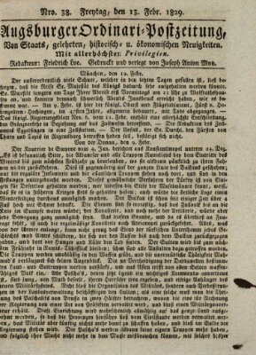 Augsburger Ordinari Postzeitung von Staats-, gelehrten, historisch- u. ökonomischen Neuigkeiten (Augsburger Postzeitung) Freitag 13. Februar 1829