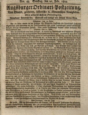 Augsburger Ordinari Postzeitung von Staats-, gelehrten, historisch- u. ökonomischen Neuigkeiten (Augsburger Postzeitung) Samstag 21. Februar 1829