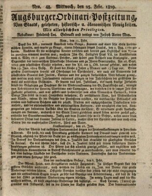 Augsburger Ordinari Postzeitung von Staats-, gelehrten, historisch- u. ökonomischen Neuigkeiten (Augsburger Postzeitung) Mittwoch 25. Februar 1829