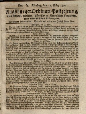 Augsburger Ordinari Postzeitung von Staats-, gelehrten, historisch- u. ökonomischen Neuigkeiten (Augsburger Postzeitung) Dienstag 17. März 1829