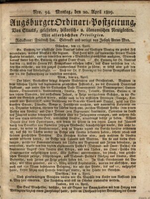 Augsburger Ordinari Postzeitung von Staats-, gelehrten, historisch- u. ökonomischen Neuigkeiten (Augsburger Postzeitung) Montag 20. April 1829