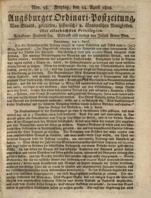 Augsburger Ordinari Postzeitung von Staats-, gelehrten, historisch- u. ökonomischen Neuigkeiten (Augsburger Postzeitung) Freitag 24. April 1829