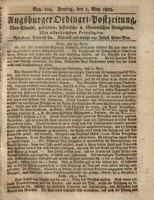 Augsburger Ordinari Postzeitung von Staats-, gelehrten, historisch- u. ökonomischen Neuigkeiten (Augsburger Postzeitung) Freitag 1. Mai 1829