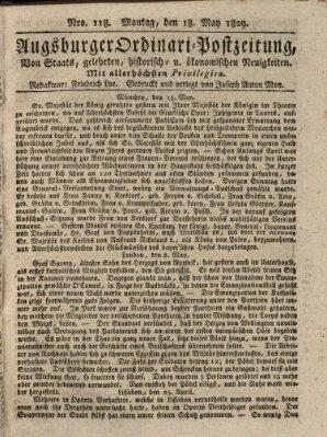 Augsburger Ordinari Postzeitung von Staats-, gelehrten, historisch- u. ökonomischen Neuigkeiten (Augsburger Postzeitung) Montag 18. Mai 1829