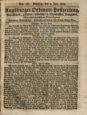 Augsburger Ordinari Postzeitung von Staats-, gelehrten, historisch- u. ökonomischen Neuigkeiten (Augsburger Postzeitung) Dienstag 2. Juni 1829