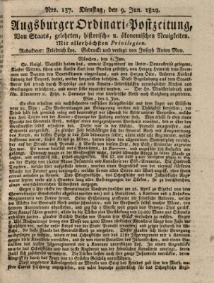 Augsburger Ordinari Postzeitung von Staats-, gelehrten, historisch- u. ökonomischen Neuigkeiten (Augsburger Postzeitung) Dienstag 9. Juni 1829