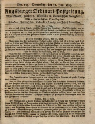 Augsburger Ordinari Postzeitung von Staats-, gelehrten, historisch- u. ökonomischen Neuigkeiten (Augsburger Postzeitung) Donnerstag 11. Juni 1829