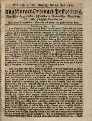 Augsburger Ordinari Postzeitung von Staats-, gelehrten, historisch- u. ökonomischen Neuigkeiten (Augsburger Postzeitung) Freitag 19. Juni 1829