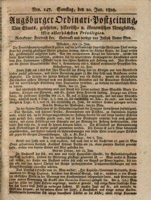 Augsburger Ordinari Postzeitung von Staats-, gelehrten, historisch- u. ökonomischen Neuigkeiten (Augsburger Postzeitung) Samstag 20. Juni 1829