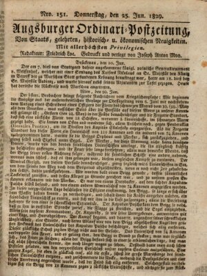 Augsburger Ordinari Postzeitung von Staats-, gelehrten, historisch- u. ökonomischen Neuigkeiten (Augsburger Postzeitung) Donnerstag 25. Juni 1829