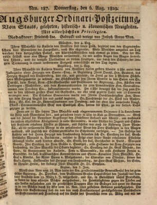 Augsburger Ordinari Postzeitung von Staats-, gelehrten, historisch- u. ökonomischen Neuigkeiten (Augsburger Postzeitung) Donnerstag 6. August 1829