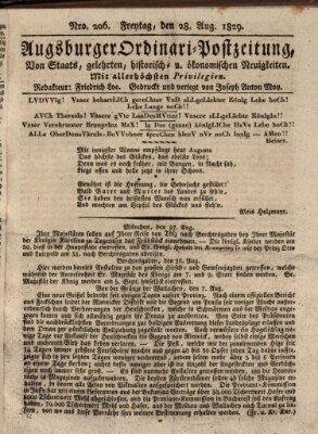 Augsburger Ordinari Postzeitung von Staats-, gelehrten, historisch- u. ökonomischen Neuigkeiten (Augsburger Postzeitung) Freitag 28. August 1829