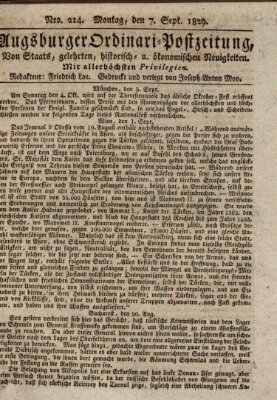 Augsburger Ordinari Postzeitung von Staats-, gelehrten, historisch- u. ökonomischen Neuigkeiten (Augsburger Postzeitung) Montag 7. September 1829