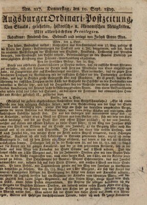 Augsburger Ordinari Postzeitung von Staats-, gelehrten, historisch- u. ökonomischen Neuigkeiten (Augsburger Postzeitung) Donnerstag 10. September 1829