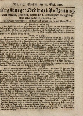 Augsburger Ordinari Postzeitung von Staats-, gelehrten, historisch- u. ökonomischen Neuigkeiten (Augsburger Postzeitung) Samstag 12. September 1829