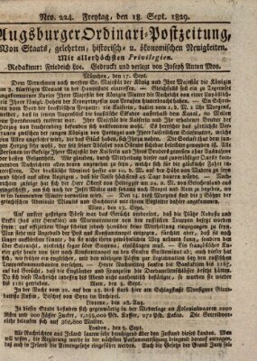 Augsburger Ordinari Postzeitung von Staats-, gelehrten, historisch- u. ökonomischen Neuigkeiten (Augsburger Postzeitung) Freitag 18. September 1829