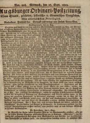 Augsburger Ordinari Postzeitung von Staats-, gelehrten, historisch- u. ökonomischen Neuigkeiten (Augsburger Postzeitung) Mittwoch 23. September 1829