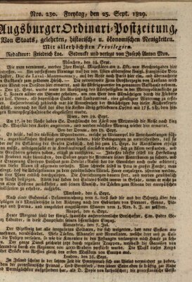 Augsburger Ordinari Postzeitung von Staats-, gelehrten, historisch- u. ökonomischen Neuigkeiten (Augsburger Postzeitung) Freitag 25. September 1829