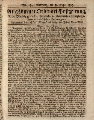 Augsburger Ordinari Postzeitung von Staats-, gelehrten, historisch- u. ökonomischen Neuigkeiten (Augsburger Postzeitung) Mittwoch 30. September 1829