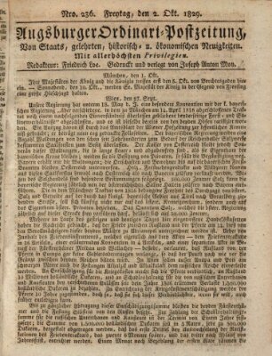 Augsburger Ordinari Postzeitung von Staats-, gelehrten, historisch- u. ökonomischen Neuigkeiten (Augsburger Postzeitung) Freitag 2. Oktober 1829