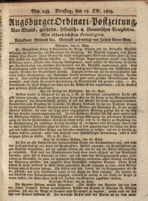 Augsburger Ordinari Postzeitung von Staats-, gelehrten, historisch- u. ökonomischen Neuigkeiten (Augsburger Postzeitung) Dienstag 13. Oktober 1829