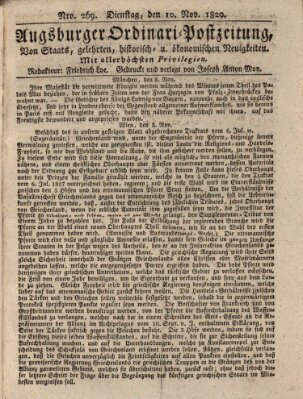 Augsburger Ordinari Postzeitung von Staats-, gelehrten, historisch- u. ökonomischen Neuigkeiten (Augsburger Postzeitung) Dienstag 10. November 1829