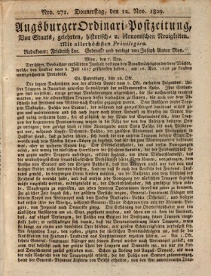 Augsburger Ordinari Postzeitung von Staats-, gelehrten, historisch- u. ökonomischen Neuigkeiten (Augsburger Postzeitung) Donnerstag 12. November 1829