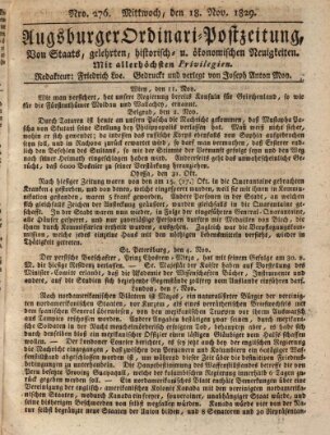 Augsburger Ordinari Postzeitung von Staats-, gelehrten, historisch- u. ökonomischen Neuigkeiten (Augsburger Postzeitung) Mittwoch 18. November 1829