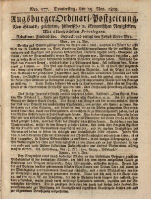 Augsburger Ordinari Postzeitung von Staats-, gelehrten, historisch- u. ökonomischen Neuigkeiten (Augsburger Postzeitung) Donnerstag 19. November 1829