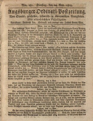 Augsburger Ordinari Postzeitung von Staats-, gelehrten, historisch- u. ökonomischen Neuigkeiten (Augsburger Postzeitung) Dienstag 24. November 1829