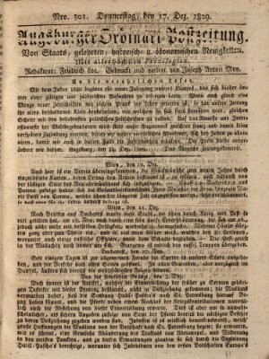 Augsburger Ordinari Postzeitung von Staats-, gelehrten, historisch- u. ökonomischen Neuigkeiten (Augsburger Postzeitung) Donnerstag 17. Dezember 1829