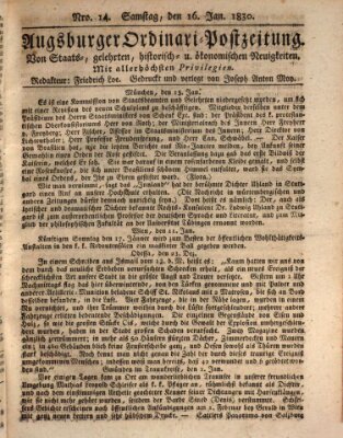 Augsburger Ordinari Postzeitung von Staats-, gelehrten, historisch- u. ökonomischen Neuigkeiten (Augsburger Postzeitung) Samstag 16. Januar 1830